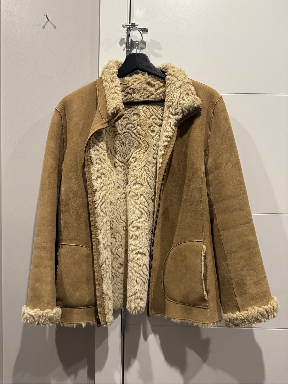 Suede-Look Faux Shearling Coat - Tan
